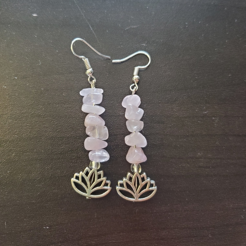 Rose Quartz & Lotus Flower Dangly Earrings
